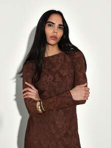 KSTM Women Long Sleeve Maxi Dress With Floral Burnout Pattern And Boat Neckline For Fall Winter - Brown - View 4