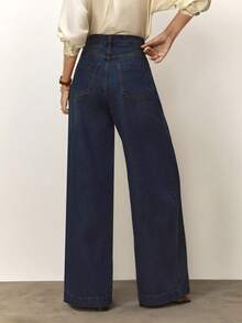 Daynim Calça Jeans Feminina Wide Leg com Bolsos Diferenciados Lavagem Escura sem taxa de importação - Lavagem escura - Visão 2