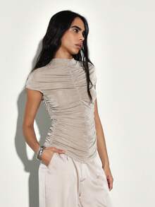 KSTM Gathered Mock Neck Short Sleeve Top With Ruched Detail For Casual Summer Fashion - Khaki - View 4