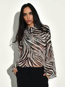 KSTM 女士斑马纹长袖交叉领上衣，动物纹时尚衬衫，适合办公室休闲穿着 - 彩色 - 查看 5