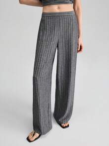 Ontre 女士藏蓝色白条纹衬衫长裤两件套，舒适柔软梭织面料，宽松版型，时尚都市风，商务休闲办公装，优雅婚礼宾客礼服，四季皆宜的百搭奢华品质套装 - 藏蓝色 - 查看 3