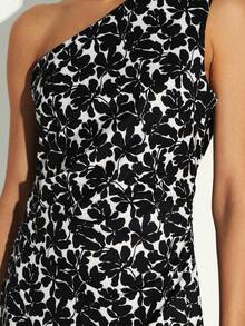 KSTM Women Asymmetric One Shoulder Mini Dress Black White Floral Print Sleeveless Bodycon Party Summer Evening Outfit - Black and White - View 5