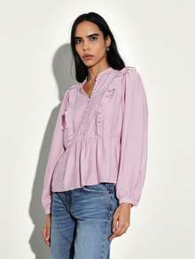 KSTM Women's Long Sleeve Ruffle Detail Blouse With Button Front And Ladder Trim Feminine Top For Casual Office - Purple - View 6