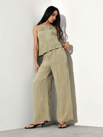 KSTM Conjunto de verano de dos piezas de top halter arrugado verde salvia y pantalones palazzo de pierna ancha, ropa informal de descanso