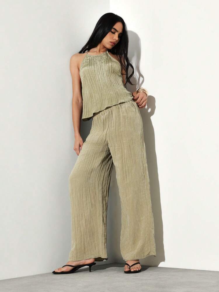 KSTM Women's Sage Green Crinkled Halter Top And Wide Leg Palazzo Pants Two Piece Coordinated Summer Outfit Set Casual Lounge Wear