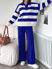 SHEIN Cottnline Ladies' Polo Collar Contrast Color Knit Sweater Two-piece Set - Blue - View 3