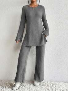 Cloudara Cotton Knitted T-Shirt And Pants Set With Split Cuffs And Hem Ribbed Detail - Grey - View 4