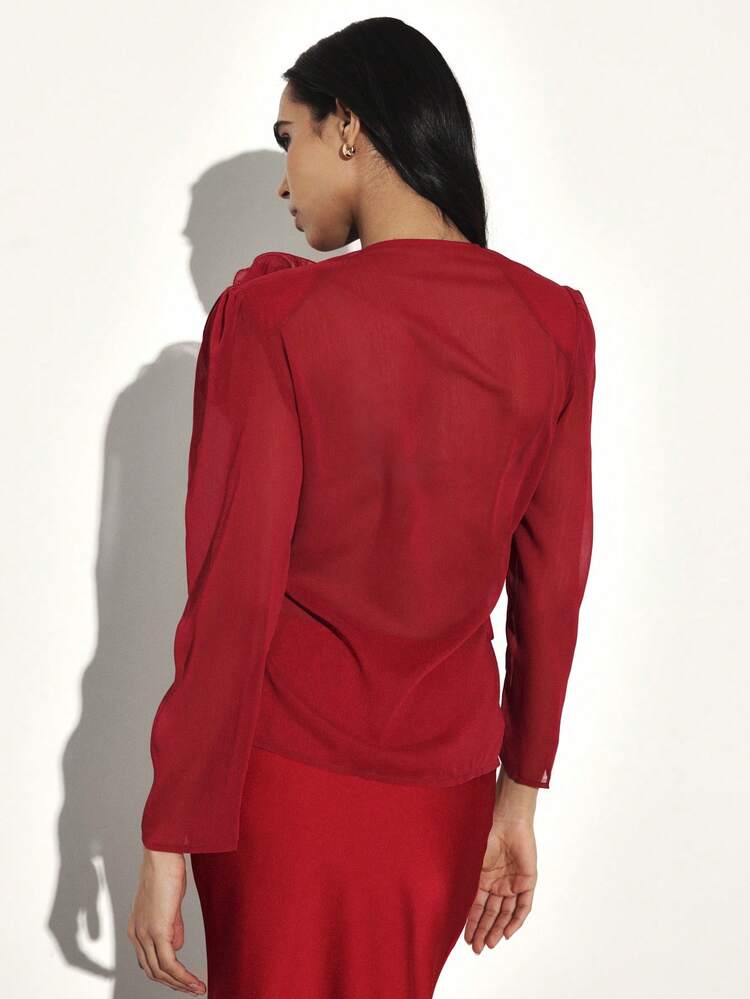 KSTM Elegant Wrap Blouse With Dimensional Flower Applique Detail And Side Tie Closure For Special Occasions