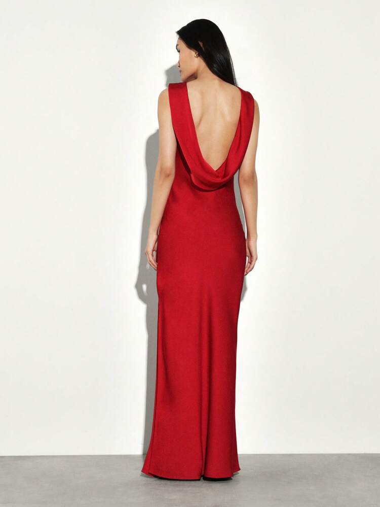 KSTM Sleeveless Draped Open Back Red Maxi Dress With High Slit Evening Formal Gown Floor Length Elegant Party Dress
