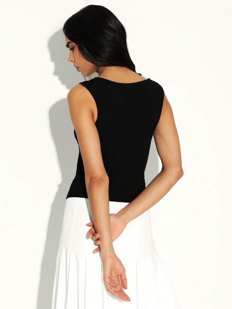 KSTM Women Deep U Neck Tank Top Sleeveless Fitted Basic Casual Summer Black Scoop Neckline
