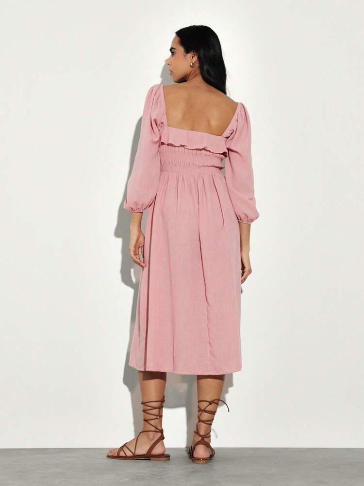 KSTM Smocked Square Neck Midi Dress With Puff Sleeves And Ruffle Details For Spring Summer Casual Feminine Style