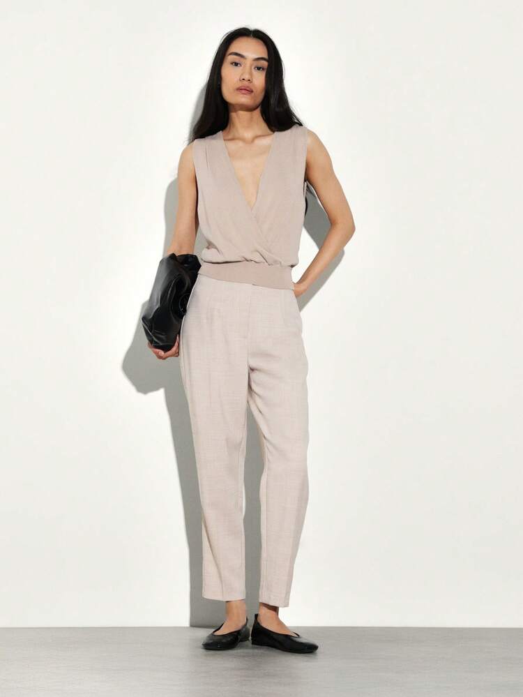 KSTM Women Beige Casual Straight Leg Trousers With Elastic Waistband For Office Work Business Professional Everyday Wear Fall Winter Comfortable Relaxed Fit Pants