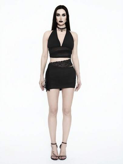 Glisette Asymmetrical Cut Fitted Lace Decor Attractive Fashion Women Skirt, Spring/Summer