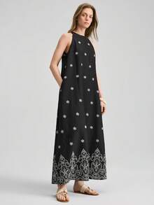 Ontre 女士黑白撞色舒适柔软刺绣A字无袖连衣裙，简约休闲时尚，低调复古高端邮轮服饰，中东极简奢华品质必备单品，商务、通勤、机场等场合皆宜。 - 黑與白 - 查看 4