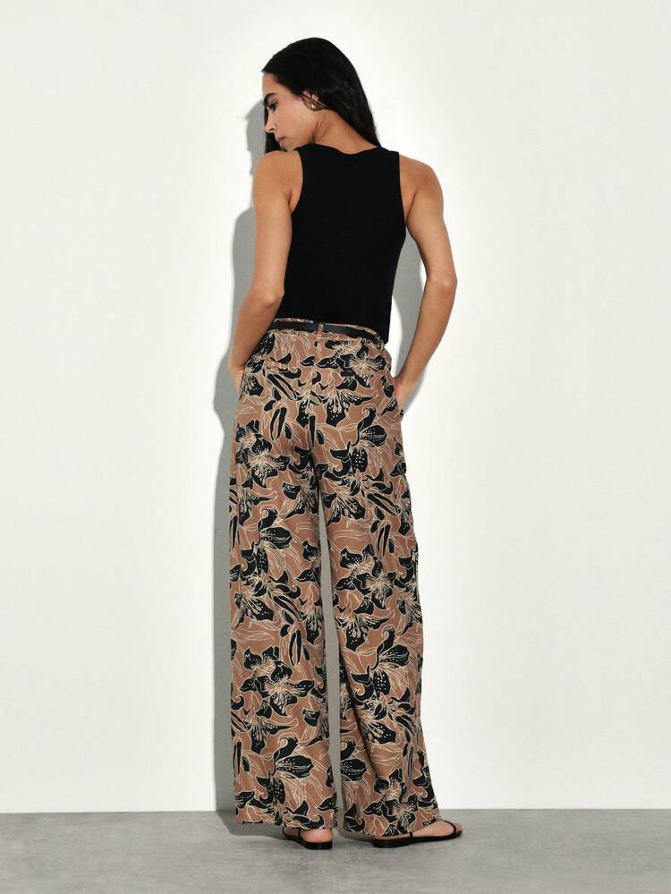 KSTM Pantalones de pierna ancha con estampado floral y diseño botánico abstracto para uso casual en primavera y verano