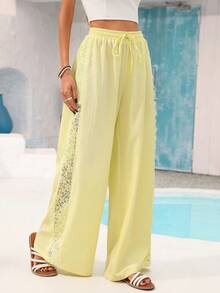 Vivid Eden Yellow Contrast Lace Wide Leg Pants, Casual Vacation - Yellow - View 8
