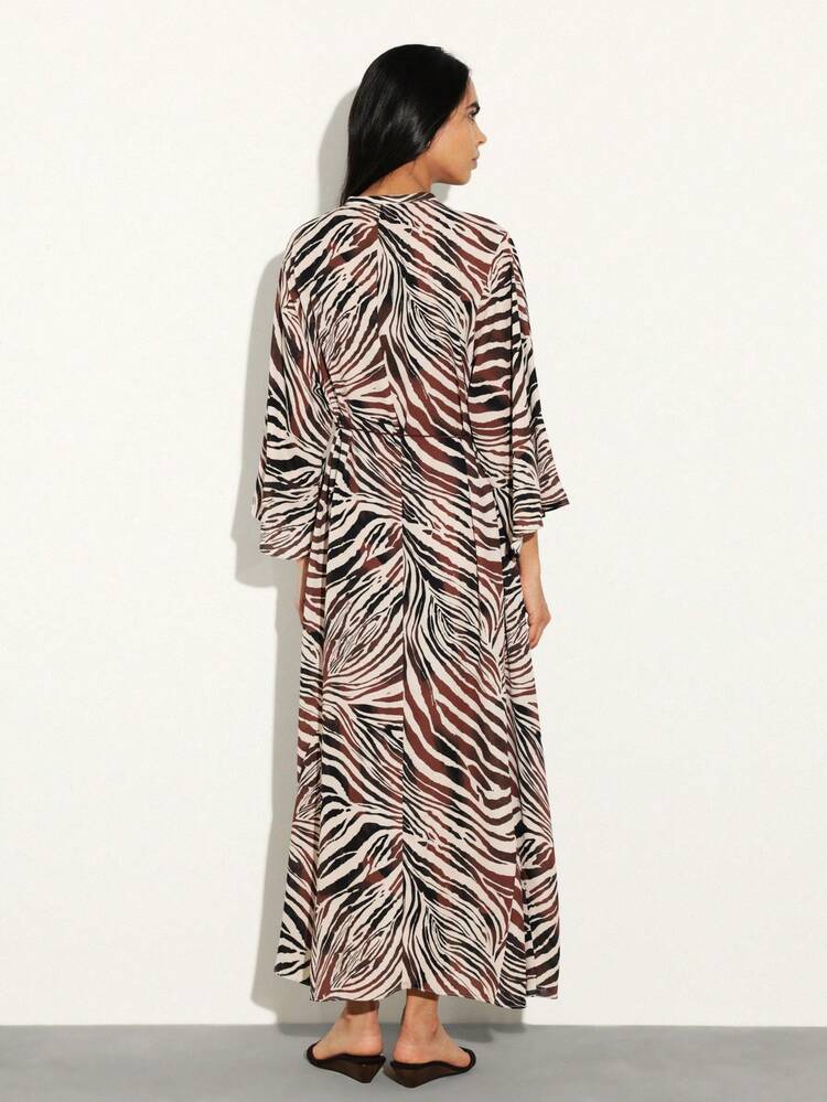 KSTM Women Long Belted Kaftan Dress With Abstract Zebra Print V Neck Three Quarter Sleeves Flowing Maxi