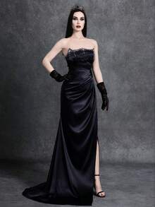 Đầm satin không dây đeo vai, đính đá lấp lánh, xẻ tà cao dành cho nữ - màu đen - Xem 8