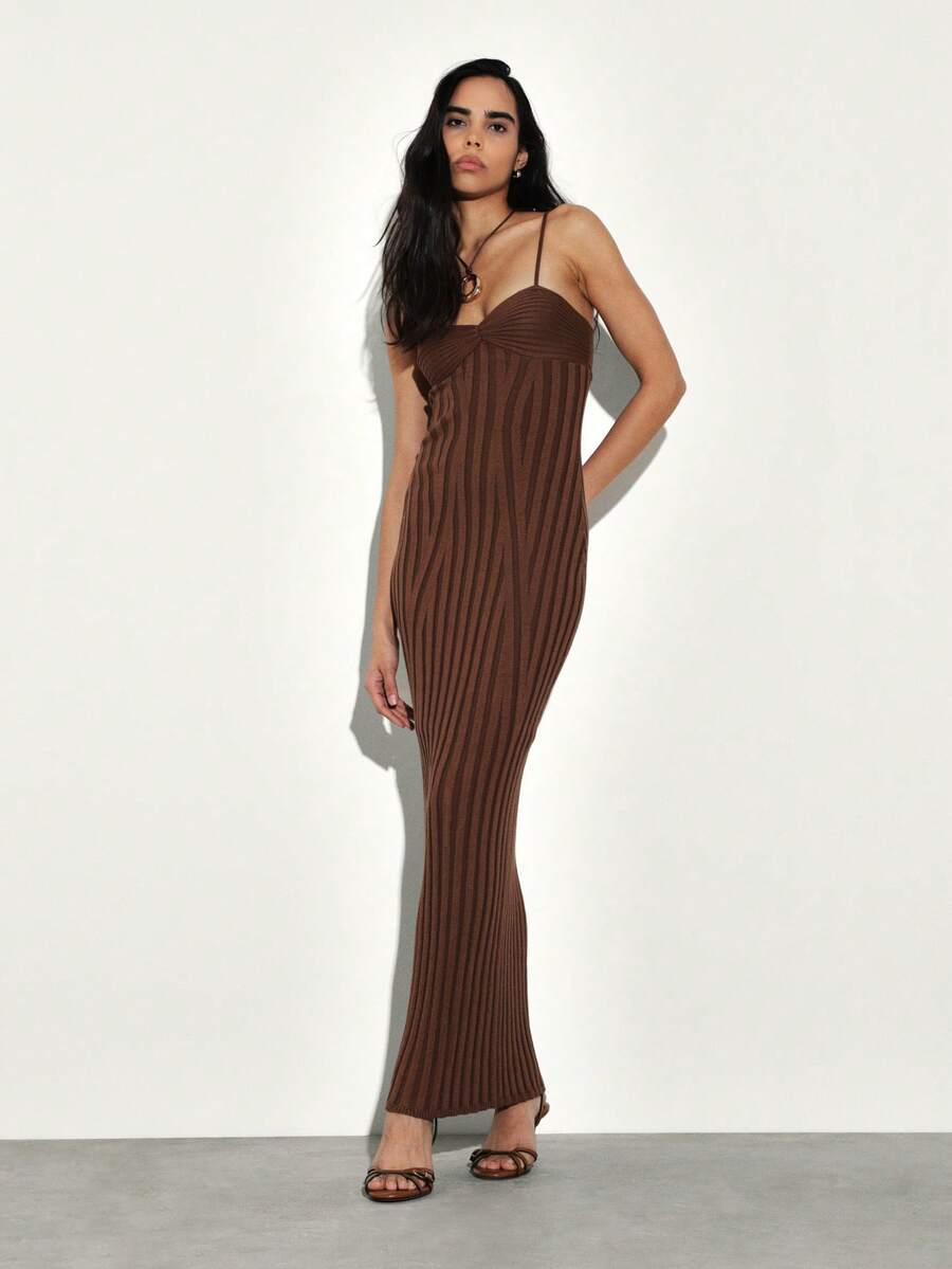 KSTM Ribbed Knit Brown Sleeveless Bodycon Sweater Dress Spaghetti Strap Long Maxi Evening Formal - Coffee Brown - View 1