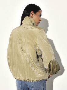 KSTM Metallic Gold Pleated Light Bomber Jacket For Women Fall Winter Fashion Zip Up Track Style Cropped Outerwear - Green - View 2