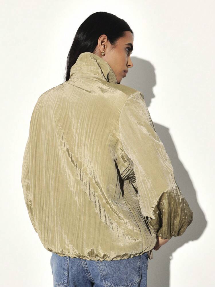 KSTM Metallic Gold Pleated Light Bomber Jacket For Women Fall Winter Fashion Zip Up Track Style Cropped Outerwear