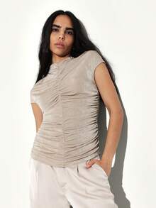 KSTM Gathered Mock Neck Short Sleeve Top With Ruched Detail For Casual Summer Fashion - Khaki - View 6