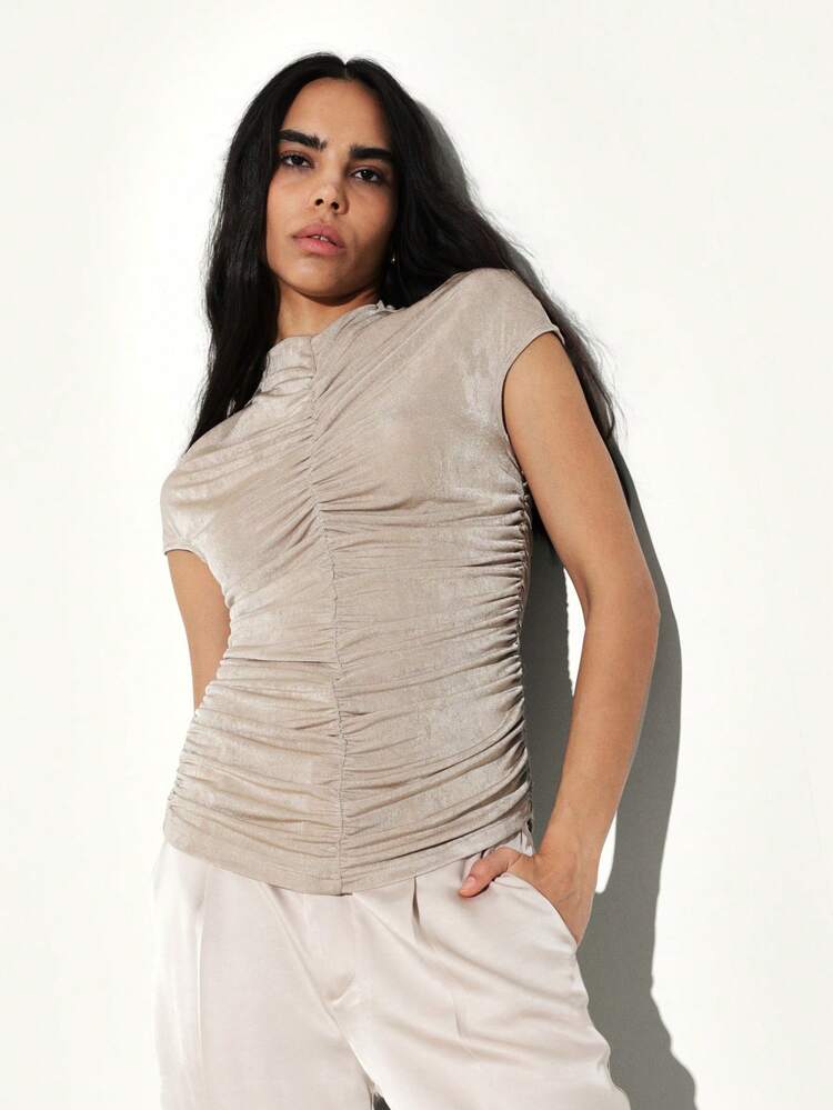 KSTM Bluzka z krótkim rękawem i marszczonym dekoltem w serek, idealna na co dzień i na lato