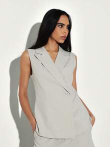 KSTM Sleeveless Double Breasted Blazer Vest With Notched Lapels And Side Button Closure For Professional Workwear - Grey - View 5