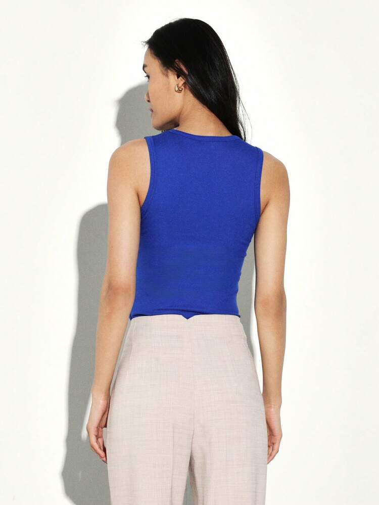 KSTM 여성용 민소매 탱크탑, 라운드 넥라인, 솔리드 골지 원단, 캐주얼 여름 착용