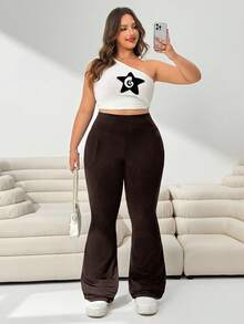 SHEIN EZwear 大码女装秋冬返校休闲家居服瑜伽舒适户外纯黑色针织弹力腰高腰口袋喇叭裤，带口袋打底裤 - 咖啡棕 - 查看 4