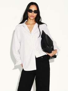 KSTM Regular Women's Oversized Pinstriped Button Down Blouse Long Sleeve Professional Office Shirt Classic Collar Work Top - Black and White - View 1