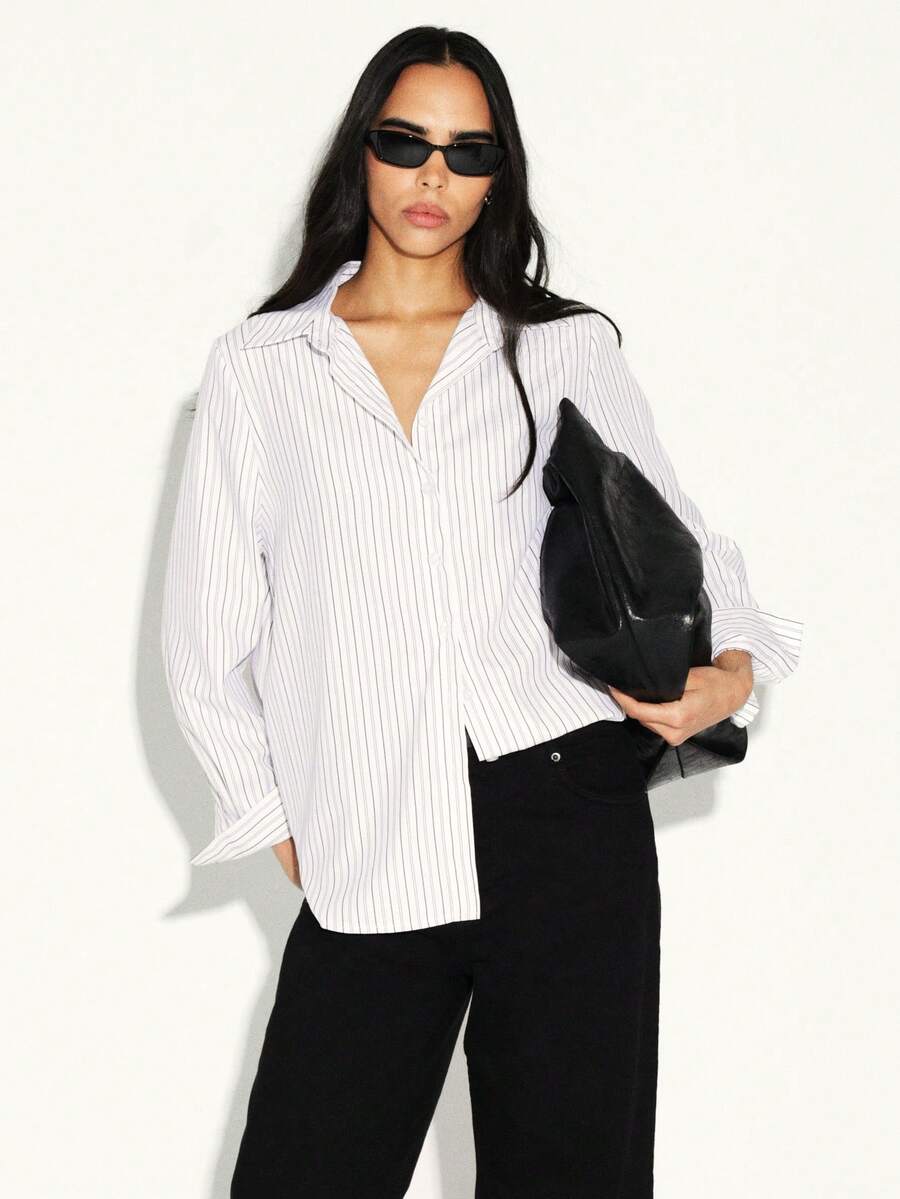 KSTM Regular Women's Oversized Pinstriped Button Down Blouse Long Sleeve Professional Office Shirt Classic Collar Work Top - Black and White - View 1