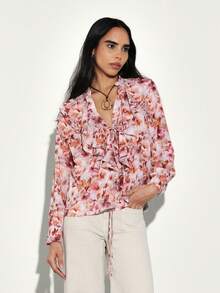 KSTM Floral Ruffle Tie Front Long Sleeve Chiffon Blouse With V Neck And Feminine Print For Spring Summer - Multicolor - View 4