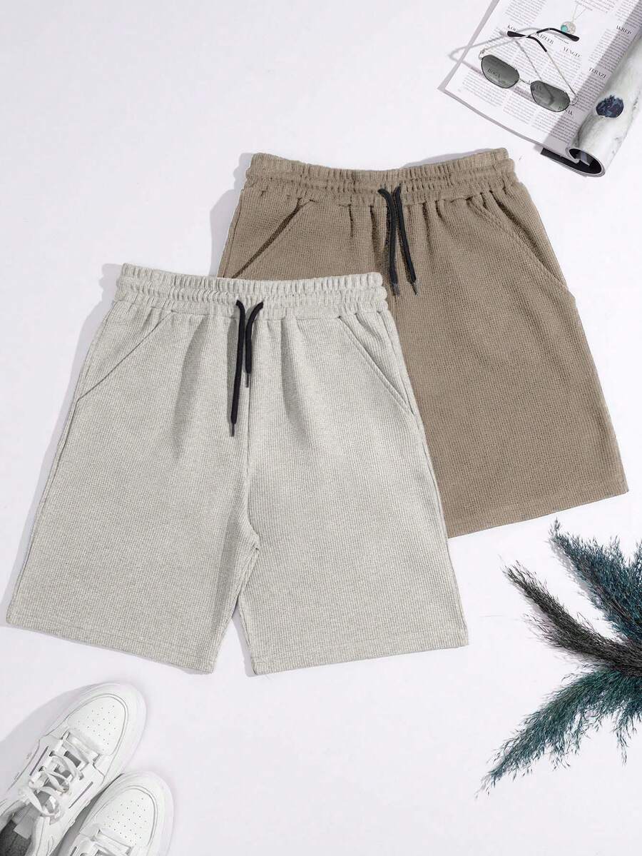 EURMUSE 100%Cotton 2pcs/Set Men's Waffle Fabric Basic Shorts - Aprikot - View 1