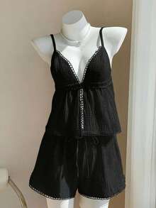 Comfortcana Plus Size Women Summer Casual Vacation Solid Color Textured Fabric Lace Trim Babydoll Cami Top And Shorts Set - Black - View 9