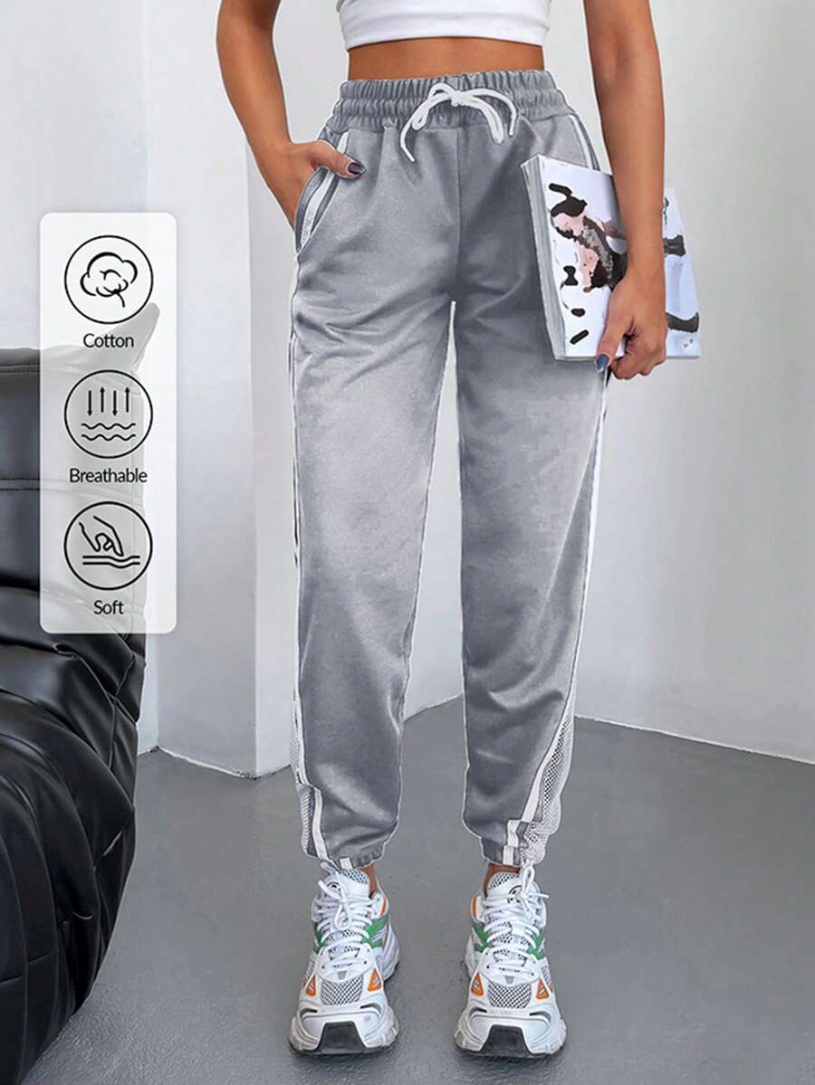 EURMUSE Contrast Tape Drawstring Waist Slant Pocket Joggers - Light Grey - View 1