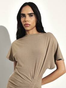 KSTM Women Asymmetrical Maxi Dress Short Sleeve Side Ruched Draped Hem Casual Long Dress Round Neck Twisted Detail Summer Fall - Grey - View 6