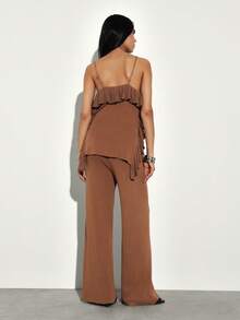 KSTM Women's Knit Co-Ord Set With Ruffle Details Sleeveless Cami Top And Wide Leg Trousers Matching Two Piece Outfit - Rust Brown - View 2