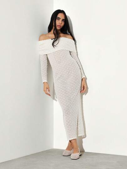 KSTM Abito lungo con spalle scoperte, con paillettes, maniche lunghe, aderente, abito da sera per occasioni speciali, abito da cerimonia formale