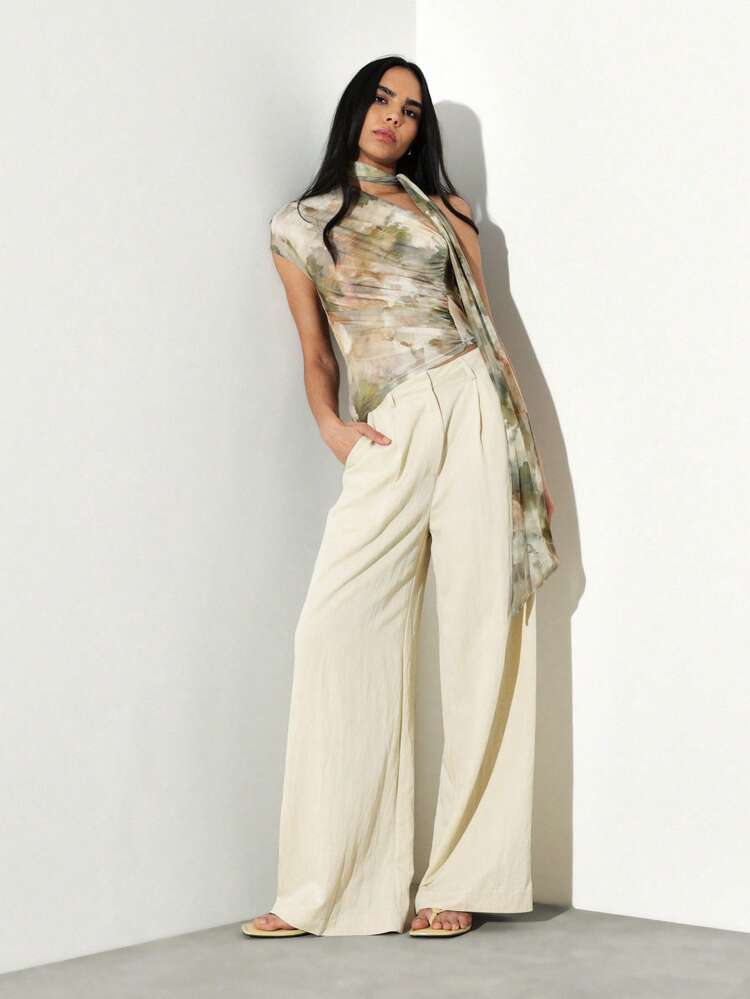 KSTM Asymmetric Draped Top With Tie Dye Print And Neck Scarf Detail For Casual Chic Style