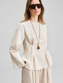 Ontre Women's Comfortable And Skin-Friendly Tencel Fabric Fitted Silhouette Dropped Shoulder Long Sleeve Waist Pleated Modern Elegant Wedding Guest, Minimalist Romantic French Luxurious Feel Urban Chic Business Casual Office Wear Beige Outfits For Women - Pink - View 2