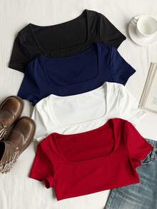 Comfortcana 4pcs/Set Plus Size Summer Square Neck Fitted T-Shirts - Multicolor - View 4