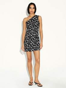 KSTM Women Asymmetric One Shoulder Mini Dress Black White Floral Print Sleeveless Bodycon Party Summer Evening Outfit - Black and White - View 6