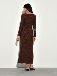 KSTM Women Long Sleeve Maxi Dress With Floral Burnout Pattern And Boat Neckline For Fall Winter - Brown - View 2