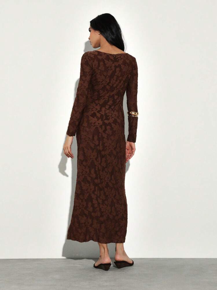 KSTM Vestido Longo Feminino de Manga Longa com Padrão Queimado Floral e Decote Barco para Outono e Inverno