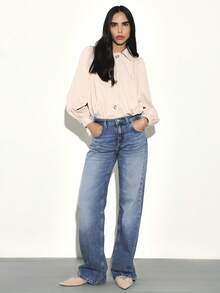 KSTM Women's Balloon Hem Jacket With Elastic Waistband And Button Front Closure Classic Collar Long Sleeve Outerwear - Khaki - View 3