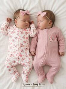 Cozy Pixies 新生女宝宝碎花印花柔软针织圆领长袖连体衣和裤子两件套 - 粉色 - 查看 3