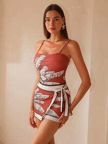 Swim Oasis 高端印花连体泳衣，带裙摆，侧边系带腰身，印花网纱长裙 - 彩色 - 查看 6