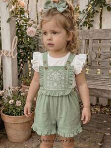 Cozy Pixies Baju Terusan Bayi Perempuan Motif Bunga Bordir dengan Tali Bahu, Serbaguna & Nyaman - Hijau - View 1