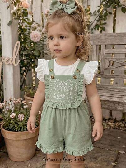 Cozy Pixies Baby Girl Floral Embroidery Strap Romper Shorts, Versatile & Comfortable